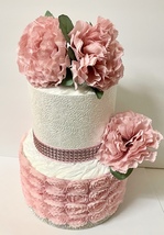 Pink and Silver Floral 2 Tier Diaper Cake Bling Baby Girl Shower Centerpiece - £55.94 GBP