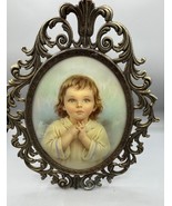 Vtg Ornate Oval Metal Framed Praying Child Print Convex Glass - $831.79 MXN