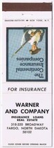 Matchbook Cover Warner &amp; Company Fargo North Dakota Continental Insurance - £0.77 GBP