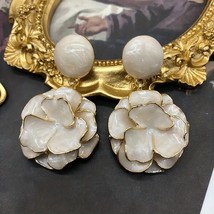 Iridescent Milky White  Enamel Exaggerated Flower Earrings - 18K Gold Plated - £11.76 GBP