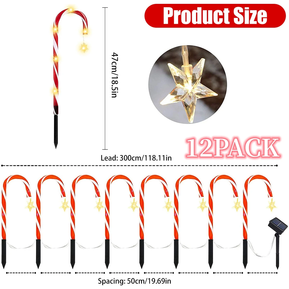 12Pcs Solar Power Christmas Candy Cane Lights Outdoor Warm LED Home Garden Pathw - £95.15 GBP