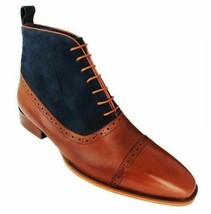 Men New Handmade Two Tone Boots Tan And Blue Oxford Brogue High Ankle Shoes - £127.88 GBP+