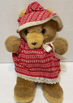 Rare VTG Mary Meyer Finer Stuffed Toys Plush Brown Bear Red Dress and Bonnet 12&quot; - £18.04 GBP