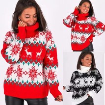 High collar Christmas jacquard pullover woman red white, Ugly Xmas sweater turtl - £61.60 GBP
