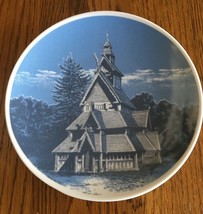 Collector Plate Porsgrund Norway Stave Church Blue White Porcelain Snow Scene - £15.86 GBP