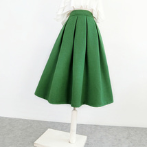 GREEN Midi Pleated Skirt Outfit Women Plus Size A-line Winter Woolen Skirt image 3