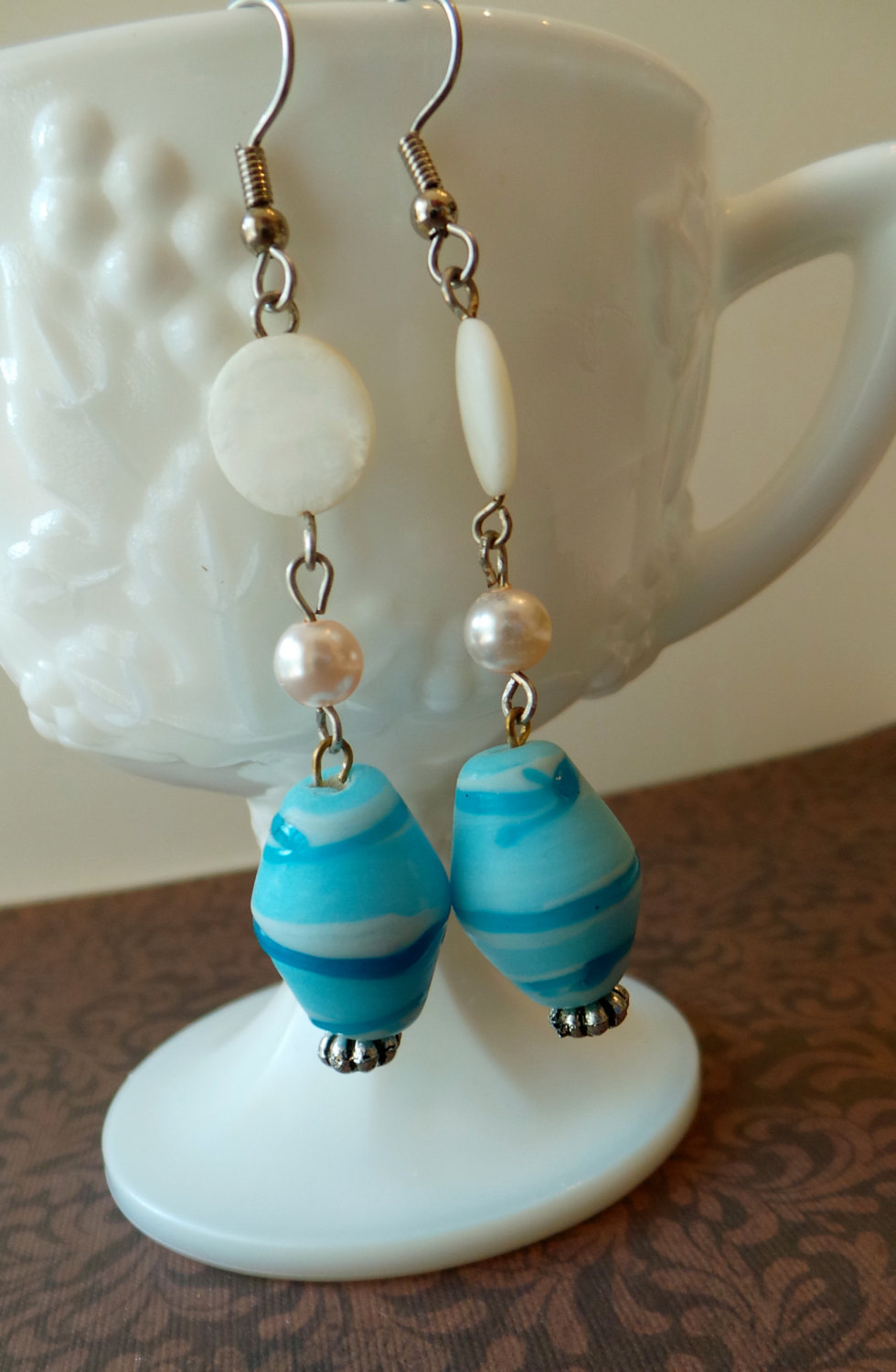 Primary image for Cute blue art glass bead dangle white pearl fish hook earrings handcrafted