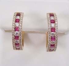 4.25Ct Princess Cut Ruby &amp; Diamond Studded Hoop Earrings 14k Yellow Gold Over - £70.00 GBP