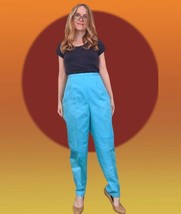 60s Pants Turquoise Blue High Waist Summer Vintage New Old Stock M L - £43.16 GBP