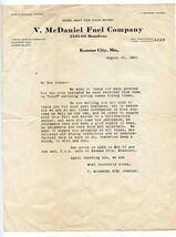 V. McDaniel Fuel Company Kansas City MO Letter 1920 AJAX Coal - $17.82
