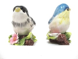 Vintage Gloss Ceramic Blue Bird Sitting on Flowers - Pair - £15.70 GBP