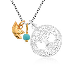 Celtic Tree of Life w Gold Dove Turquoise Bead Charm Sterling Silver Necklace - £22.09 GBP