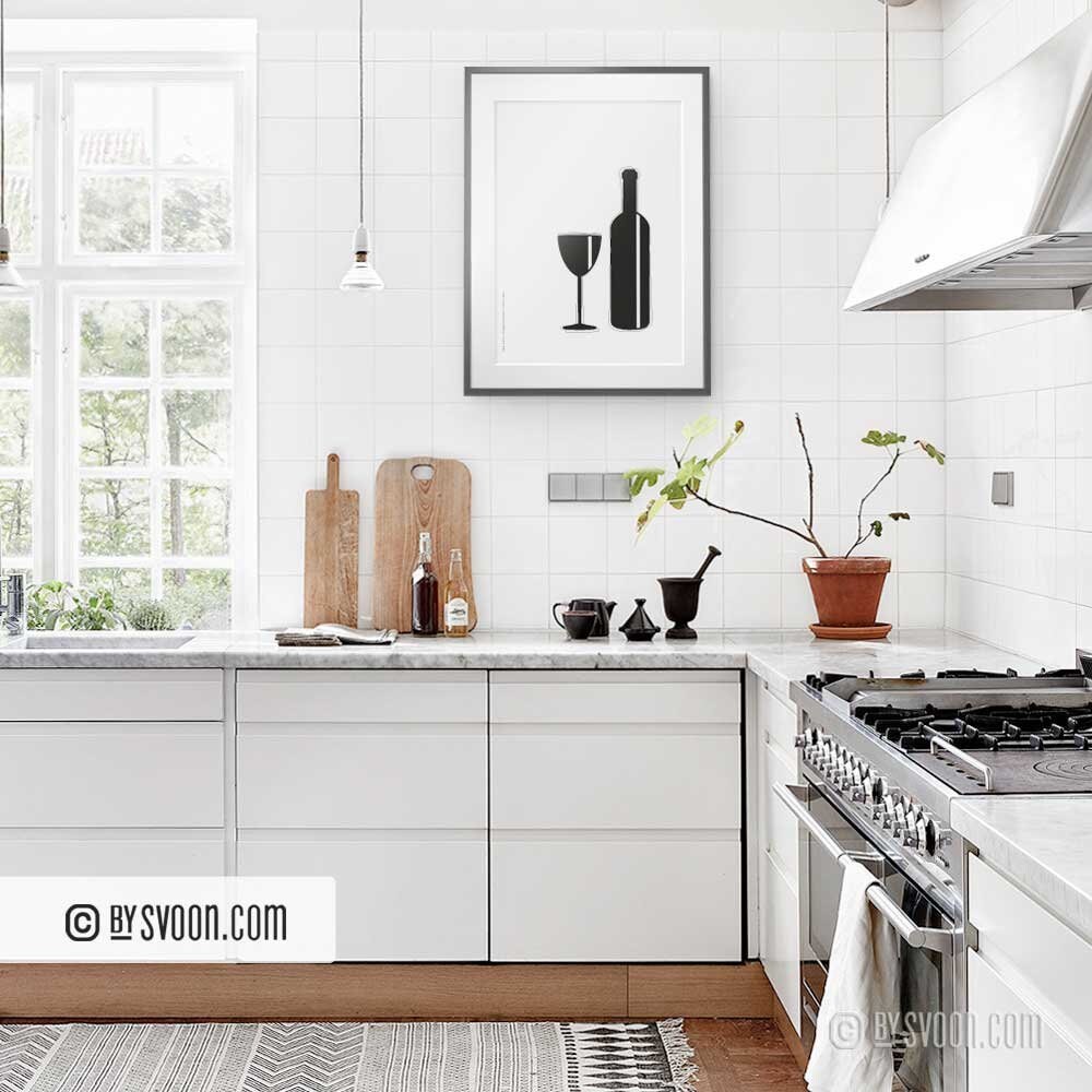 Bottle and Glass Print, Minimal Wall Art, Kitchen Poster, Black & White, Wine an Item image 3