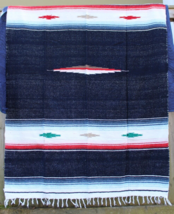 vintage Mexican Blanket LARGE Serape Hand Woven Fringe Vel Mex Southwest - £47.84 GBP