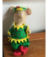 Gently Used Tan Plush Mouse w Red Green &amp; Yellow Christmas Elf Costume H... - £12.33 GBP