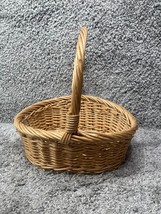 Vintage Woven Rattan Brown Oval Wicker Storage Basket With Handle - £15.63 GBP