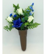 Crypt Mausoleum Vase &amp; Silk Cream Roses Blue Delphinium Flowers w/ Disc ... - £82.90 GBP