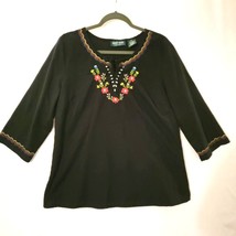 Lemon Grass Womens Blouse X Large Black Pullover Tunic Style Floral Embroidery - £10.84 GBP