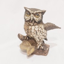 Vintage Owl Wings Open Standing on Log 5&quot; Homco Brown Ceramic - $16.82