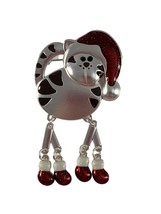 Christmas Cat Brooch Pin Santa Hat Articulated Legs Boots Silver Tone Red Enamel - £11.68 GBP