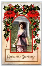 Christmas Greetings Woman In Archway Holly Poinsettias DB Postcard R10 - £5.44 GBP