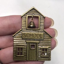 Vintage JJ Jonette Brooch Pin Teacher Gift School House Bell brass tone - $7.25