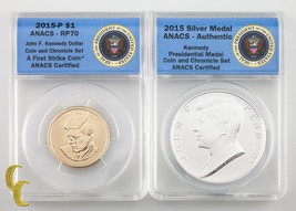 2015 Kennedy Monnaie &amp; Chronicle Kit : Dollar &amp; Argenté Médaille Anacs C... - £329.69 GBP