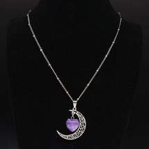 19.5&quot; Purple Crystal Heart and Crescent Moon Necklace - £14.47 GBP
