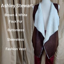 Ashley Stewart Brown &amp; White Faux Fur Buttonless Vest Size 1X - £15.01 GBP
