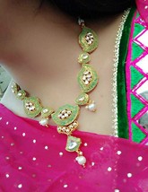 Real Kundan Necklace Set Bollywood Jewelry Ad CZ Polki Handmade Enameled Set 3 - £21.66 GBP