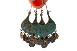 Vintage Gypsy Earrings, Verdigris Turquoise Patina Earrings, Tribal Ethnic Style - £13.36 GBP