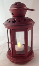 Red Metal Lantern Candle Holder with Star Cutouts with Votive Christmas Decor - £15.99 GBP