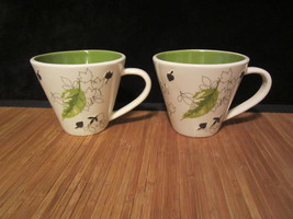 2 2007 Starbucks White Coffee Mug Tea Cup Green Fall Autumn Leaves Ceramic 10oz - £19.65 GBP