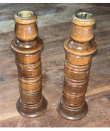 VTG Pair Wooden Taper Candlestick Candle Holders Ribbed Boho MCM Retro D... - $20.00