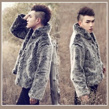 Men's Luxury Style Silver Gray Mandarin Collar Faux Fur Coat Jacket Buttons Up image 2