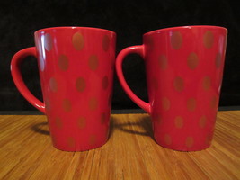 2 Starbucks Coffee Tea Cup 2005 14 OZ Red with Red Oval Polka Dots Holiday Mug - £23.96 GBP