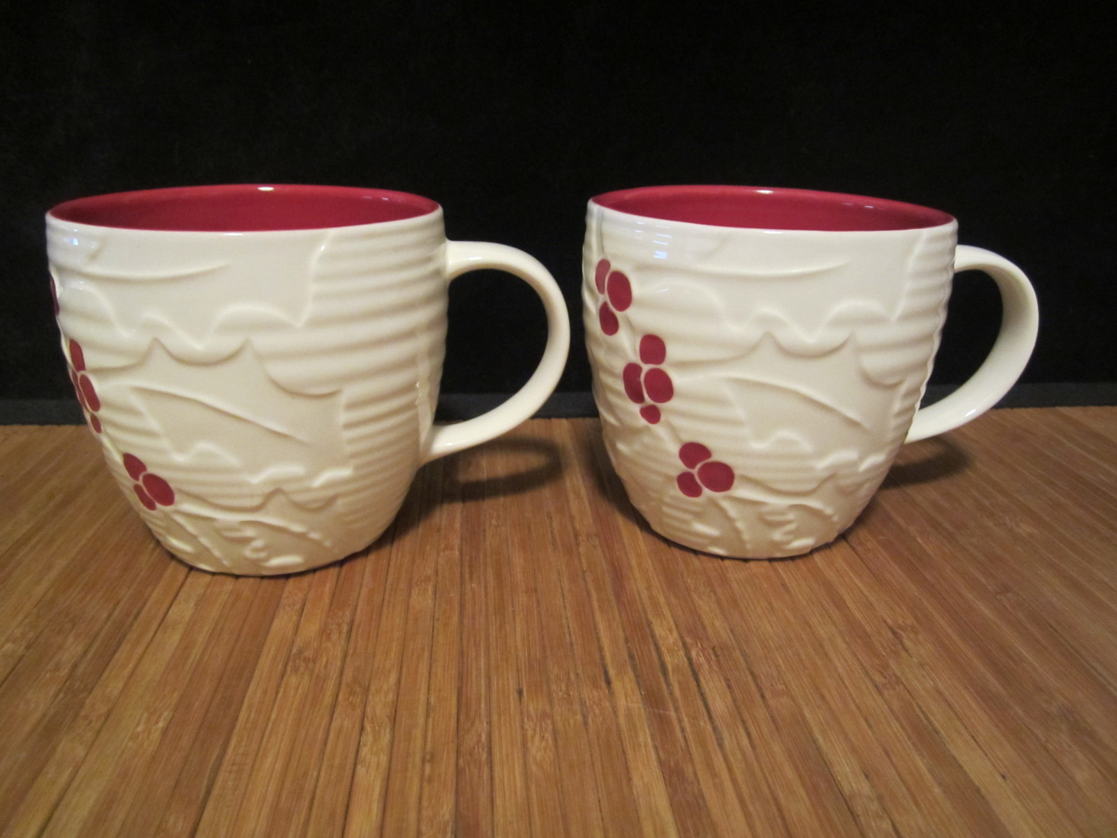 2 STARBUCKS Coffee Tea Cup 2010 Red White Holly Berry Mug Hand Painted 16 oz - $29.99