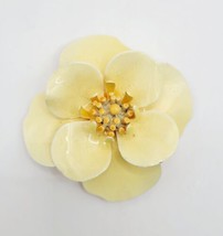 Vintage Magnolia Enamel On Metal Flower Brooch Yellow &amp; Gold With V-bar Clasp - $12.00