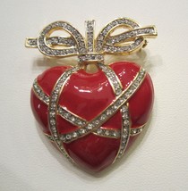 Heart Brooch Pin Red Enamel Crystal Rhinestones Bow Royal Look Valentine&#39;s Day - £19.69 GBP