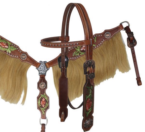 Western Horse Leather Tack Set Bridle Breast + Collar w/ Real Horse Hair Fringe - $88.80