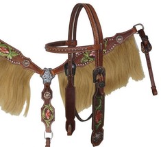 Western Horse Leather Tack Set Bridle Breast + Collar w/ Real Horse Hair... - £70.37 GBP