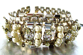 Vintage Victorian Revival Bracelet Pearl Rhinestone Wide Gold tone Book ... - £38.37 GBP