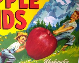 Apple Kids Fruit Crate Label Boys Rolling Up Mountain Original Vintage 1950&#39;s  - $7.65