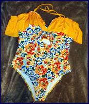 Tropical Yellow Floral Multi Color  1 Pc Ruffle Cold Shoulder Bathing Suit 2X 4X - £7.86 GBP