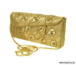 Gold Satin Bead Sequins Clutch Shoulder Envelope Evening Purse NEW - £20.71 GBP