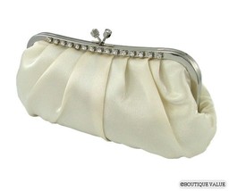 Ivory Satin Pleats Shoulder Chain Clutch Rhinestones Evening Purse NEW - £31.46 GBP