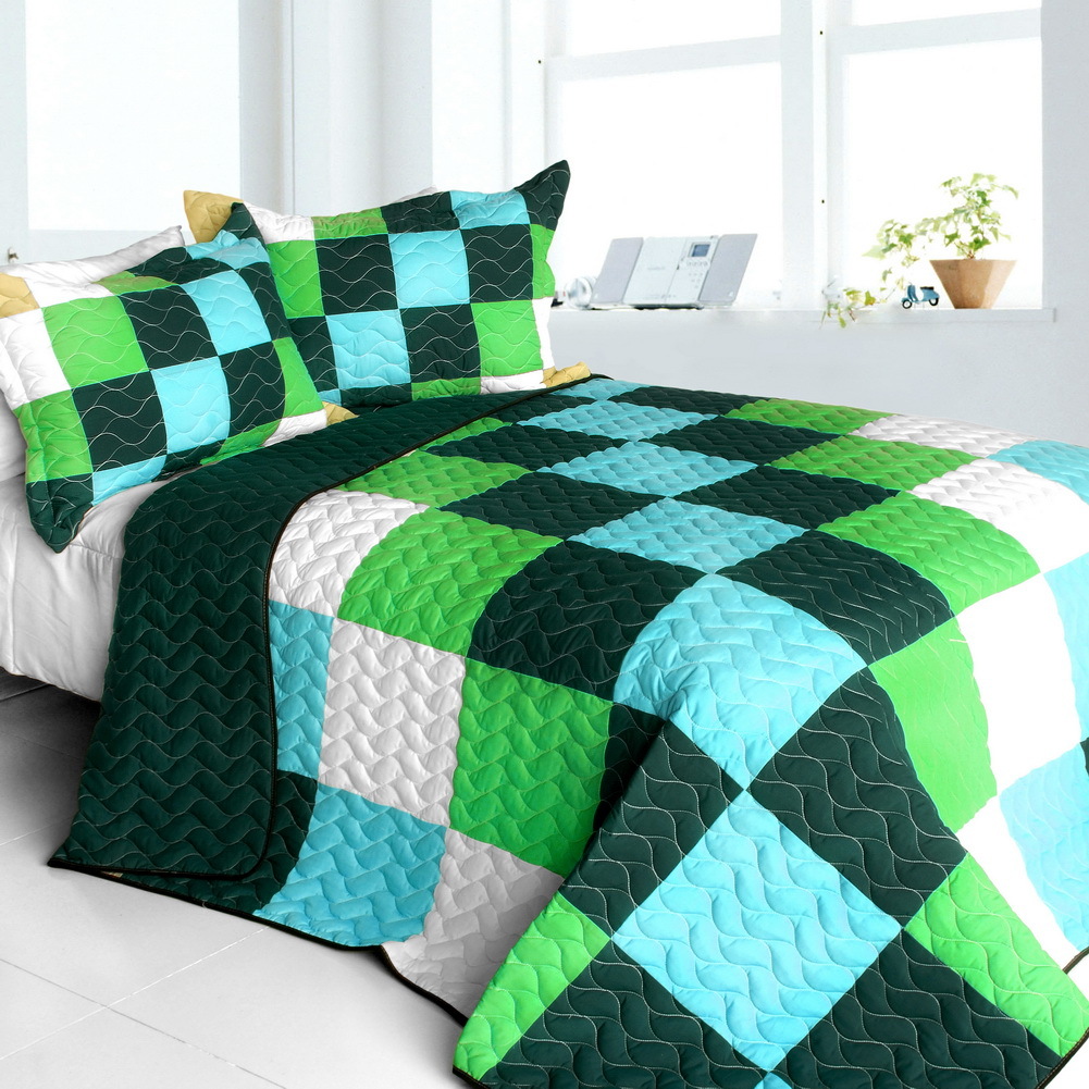 [Elissa Love] Vermicelli-Quilted Patchwork Geometric Quilt Set Full/Queen