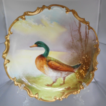 Antique Limoges France Signed Hand Painted Mallard duck 12&quot; Wall Plate Victorian - £232.73 GBP