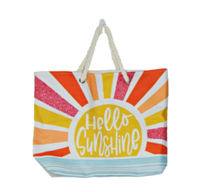 Hello Sunshine Print Beach Tote Shopping Bag Bright Glitter Double Rope ... - $22.10
