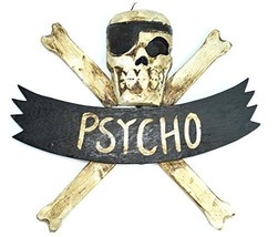 LG 12 inch Hand Carved Wood Pirate Skull Cross Bone "Psycho" Sign Plaque Wall... - $22.76